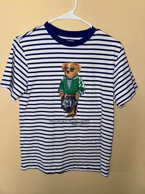 Ralph Lauren Striped Polo Bear Tee in White, Navy & Green